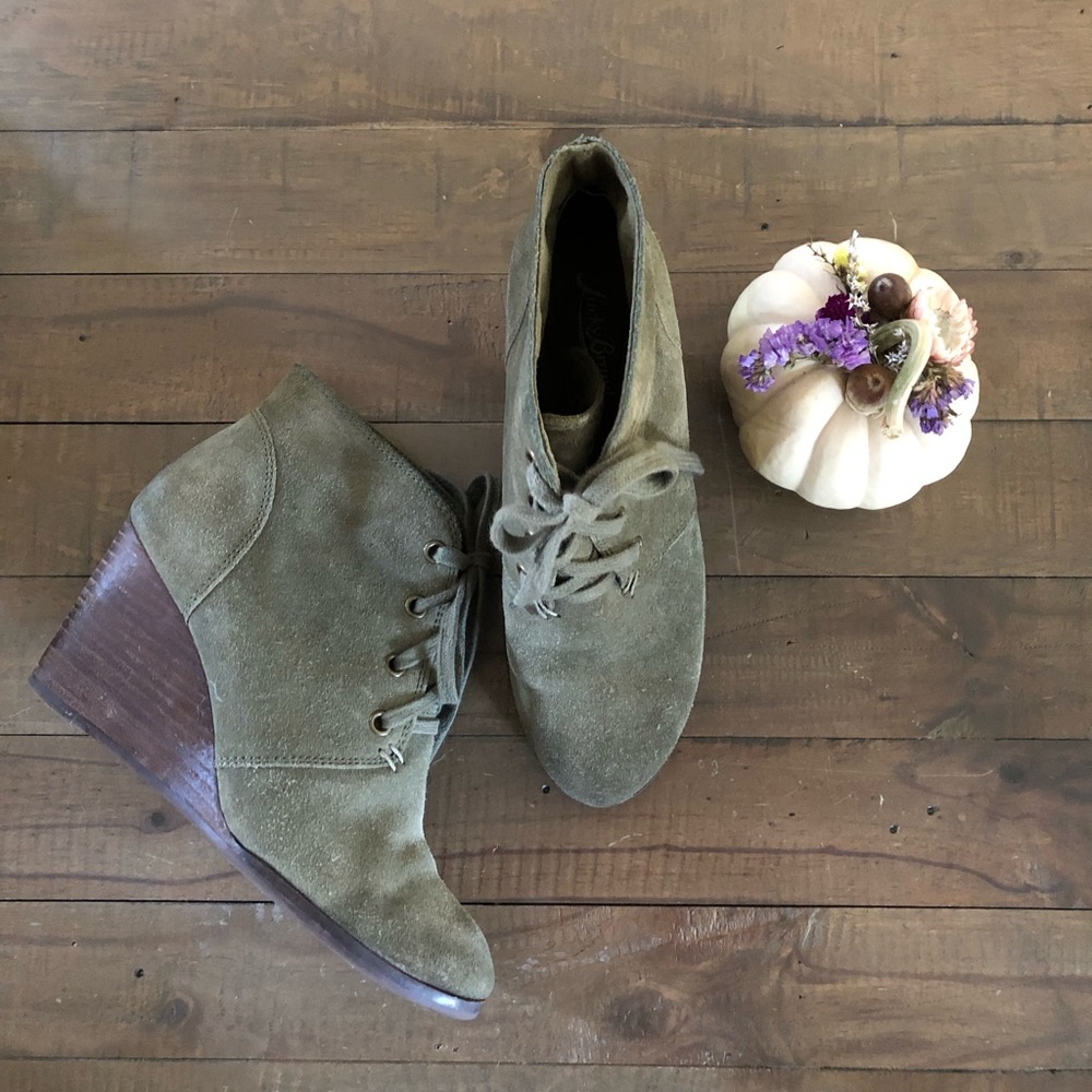 Lucky Brand Olive Green Suede Wedge Booties